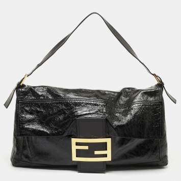 Pre Owned Fendi Black Crinkled Patent Leather Oversized Baguette Flap Shoulder Bag