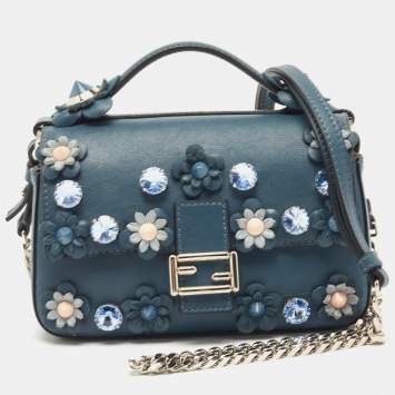 Pre Owned Fendi Blue Leather Micro Flowerland Double Baguette Bag