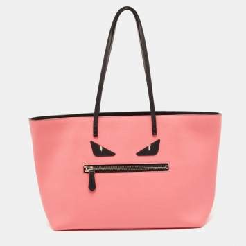 Pre Owned Fendi Black/Pink Leather Medium Monster Roll Tote