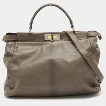 Pre Owned Fendi Dark Grey Leather Large Peekaboo Top Handle Bag