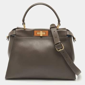 Pre Owned Fendi Dark Beige Leather Medium Peekaboo Top Handle Bag