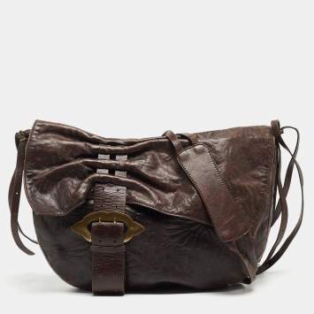Pre Owned Fendi Dark Brown Embossed Leather Buckle Flap Shoulder Bag