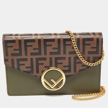 Pre Owned Fendi Military Green/Brown FF Leather Wallet On Chain