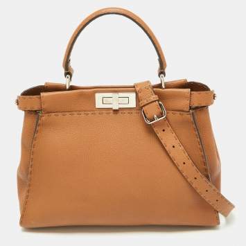 Pre Owned Fendi Brown Selleria Leather Medium Peekaboo Top Handle Bag