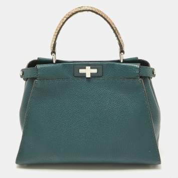 مملوكة مسبقًا Fendi Green Selleria Leather and Python Medium Peekaboo Top Handle Bag