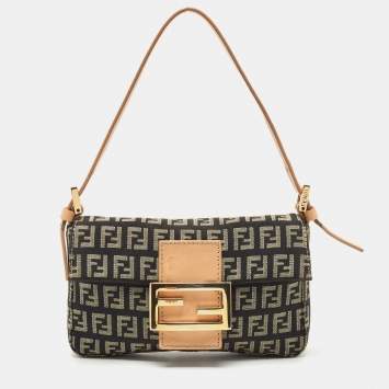 Pre Owned Fendi Black/Beige Zucchino Canvas and Leather Mini Baguette Pochette Bag