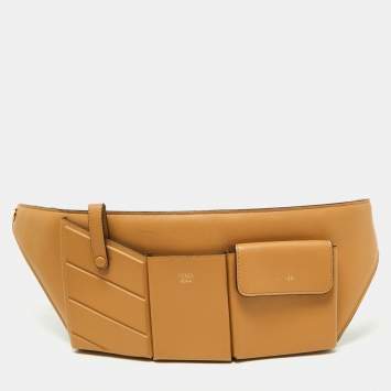 Pre Owned Fendi Beige Leather and Mesh 3 Pockets Belt Bag