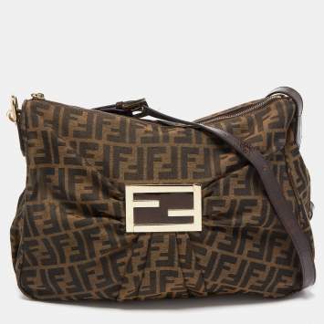Pre Owned Fendi Tobacco Zucca Canvas and Patent Leather Mia Zip Shoulder Bag