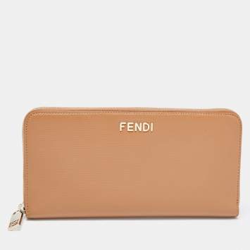 Pre Owned Fendi Tan Leather Zip Around Wallet