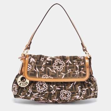 Pre Owned Fendi Tobacco Zucca Embroidered Canvas Small Chef Shoulder Bag