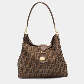 Pre Owned Fendi Tobacco Zucca Canvas and Leather Clasp Shoulder Bag