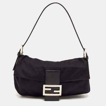 Pre Owned Fendi Black Fabric and Leather Flap Baguette Bag