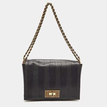 Pre Owned Fendi Black Pequin Stripe Embossed Leather Large Claudia Shoulder Bag