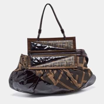 Pre Owned Fendi Tobacco Zucca Canvas and Patent Leather To You Convertible Clutch Bag
