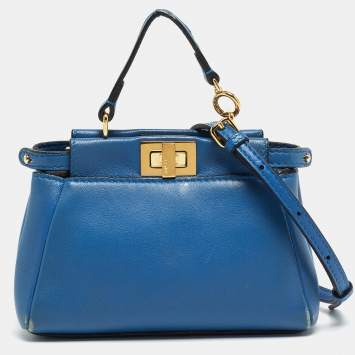 Pre Owned Fendi Powdered Blue Leather Micro Peekaboo Bag