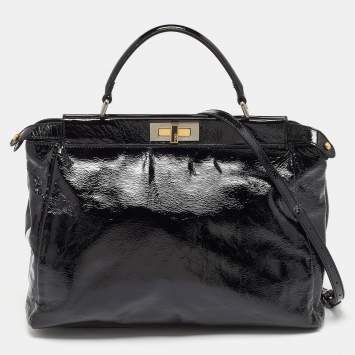 Pre Owned Fendi Black Patent Leather Large Peekaboo Top Handle Bag