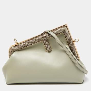 Pre Owned Fendi Avocado Green Leather and Python Small First Clutch