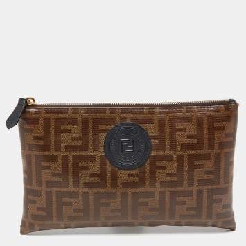 Pre Owned Fendi Brown Zucca Coated Canvas Zip Pouch 