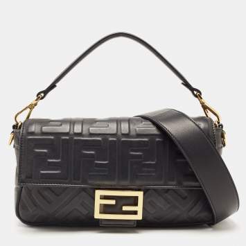 Pre Owned Fendi Black Zucca Embossed Leather Medium Baguette Bag