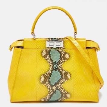 Pre Owned Fendi Yellow Python Medium Peekaboo Top Handle Bag