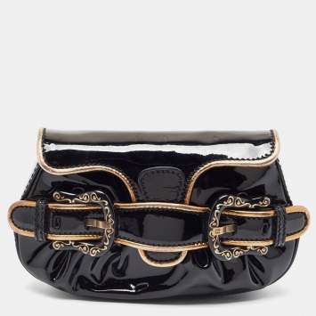 Pre Owned Fendi Black/Gold Patent and Leather B Clutch
