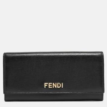Pre Owned Fendi Black Leather Logo Flap Continental Wallet
