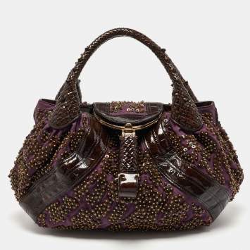Pre Owned Fendi Dark Brown/Purple Patent Leather and Fabric Sequins Spy Hobo