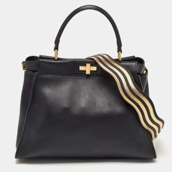 Pre Owned Fendi Black Leather Regular Peekaboo Top Handle Bag