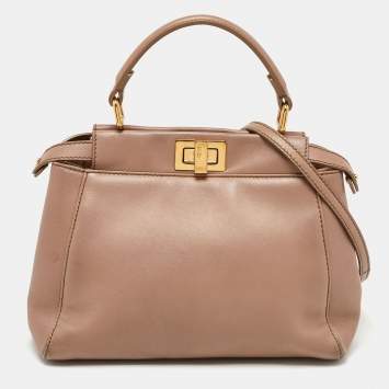 Pre Owned Fendi Beige Leather Mini Peekaboo Top Handle Bag
