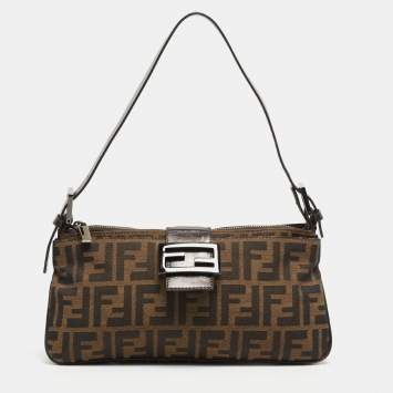 Pre Owned Fendi Dark Brown/Tobacco Zucca Canvas Zip Baguette Bag