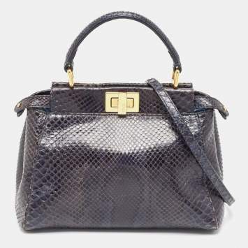 Pre Owned Fendi Navy Blue Python Mini Peekaboo Top Handle Bag