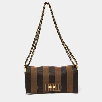 Pre Owned Fendi Tobacco Pequin Canvas and Leather Small Claudia Shoulder Bag
