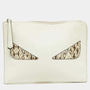 Pre Owned Fendi Off White/Brown Leather and Watersnake Leather Monster Eyes Zip Pouch