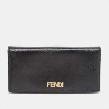 Pre Owned Fendi Black Glossy Leather Logo Flap Continental Wallet