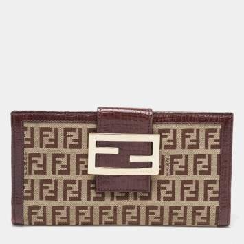 Pre Owned Fendi Beige/Brown Zucca Canvas and Leather Bi-fold Continental Wallet