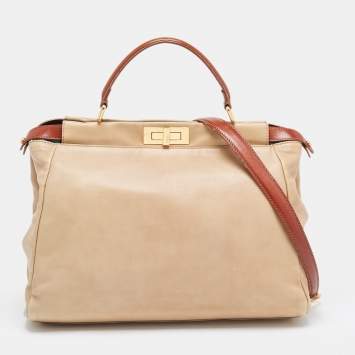 Pre Owned Fendi Beige/Brown Leather Large Peekaboo Top Handle Bag