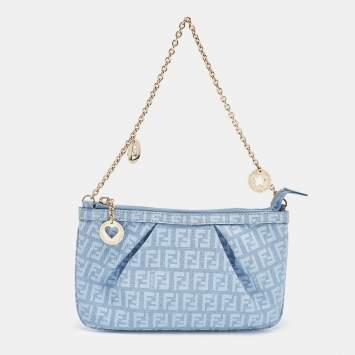 Pre Owned Fendi Blue Zucchino Coated Denim Charm Chain Pochette 
