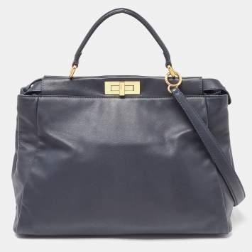 Pre Owned Fendi Dark Blue Leather Large Peekaboo Top Handle Bag