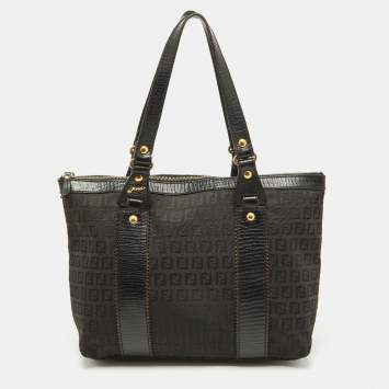 Pre Owned Fendi Black Zuchino Fabric and Leather Top Zip Tote