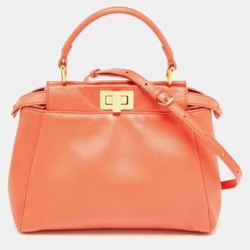 Pre Owned Fendi Orange Leather Mini Peekaboo Top Handle Bag