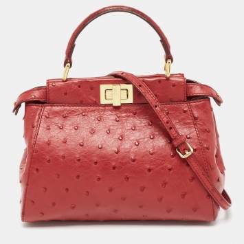 Pre Owned Fendi Red Ostrich Leather Mini Peekaboo Top Handle Bag