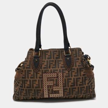 Pre Owned Fendi Tobacco/Black Zucca Canvas and Nubuck FF Eyelet Chef De Jour Bag