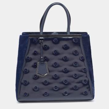 Pre Owned Fendi Navy Blue Patent, Leather and Calfhair Large Studded 2jours Tote