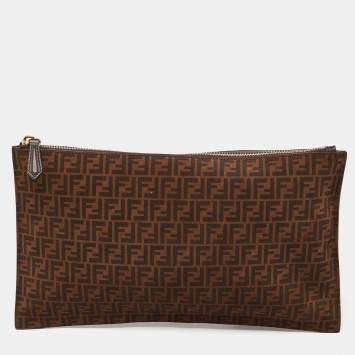 Pre Owned Fendi Tobacco Zucca Suede Flat Zip Pouch
