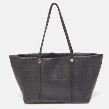 Pre Owned Fendi Black Zuchinno Coated Canvas and Leather Roll Tote
