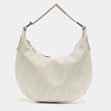 Pre Owned Fendi White/Grey Zucca Coated Canvas and Leather Chef Chain Hobo