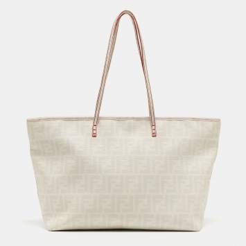 Pre Owned Fendi White/Grey Zucca Coated Canvas and Leather Large Roll Tote