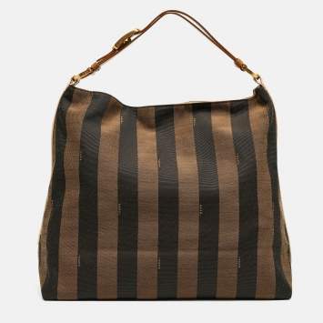 Pre Owned Fendi Tobacco/Black Canvas and Leather Large Pequin Striped Hobo