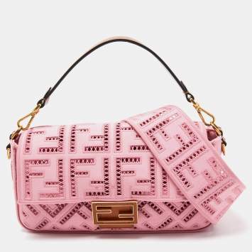 Pre Owned Fendi Pink FF Openwork Embroidered Canvas Medium Baguette Bag
