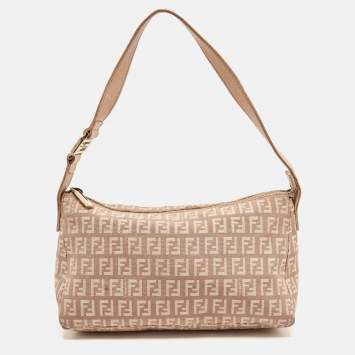 Pre Owned Fendi Beige Zuchinno Canvas and Leather Pochette Bag